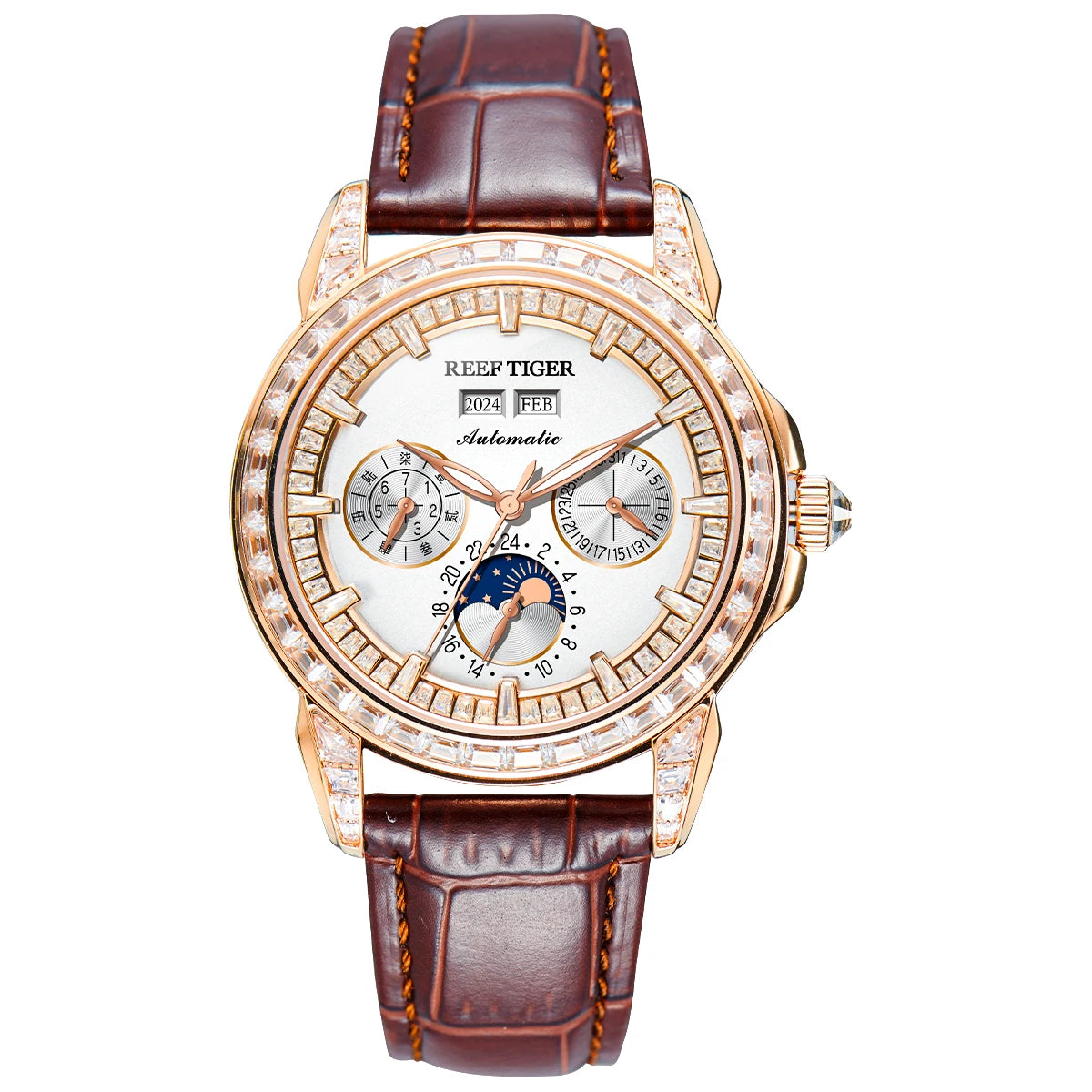 Reef Tiger/RT Brand Mens MoonPhase Automatic Watch Diamonds Bezel Blue Dial Waterproof Leather Strap Multifunction Watch RGA1988