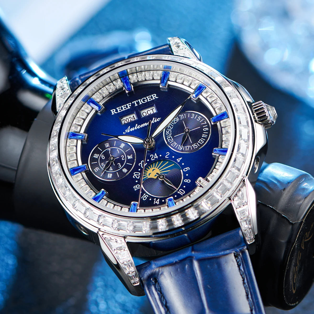 Reef Tiger/RT Brand Mens MoonPhase Automatic Watch Diamonds Bezel Blue Dial Waterproof Leather Strap Multifunction Watch RGA1988