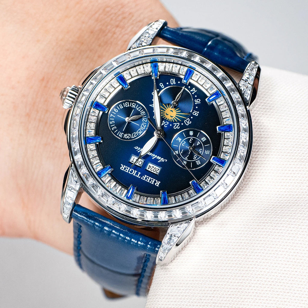 Reef Tiger/RT Brand Mens MoonPhase Automatic Watch Diamonds Bezel Blue Dial Waterproof Leather Strap Multifunction Watch RGA1988