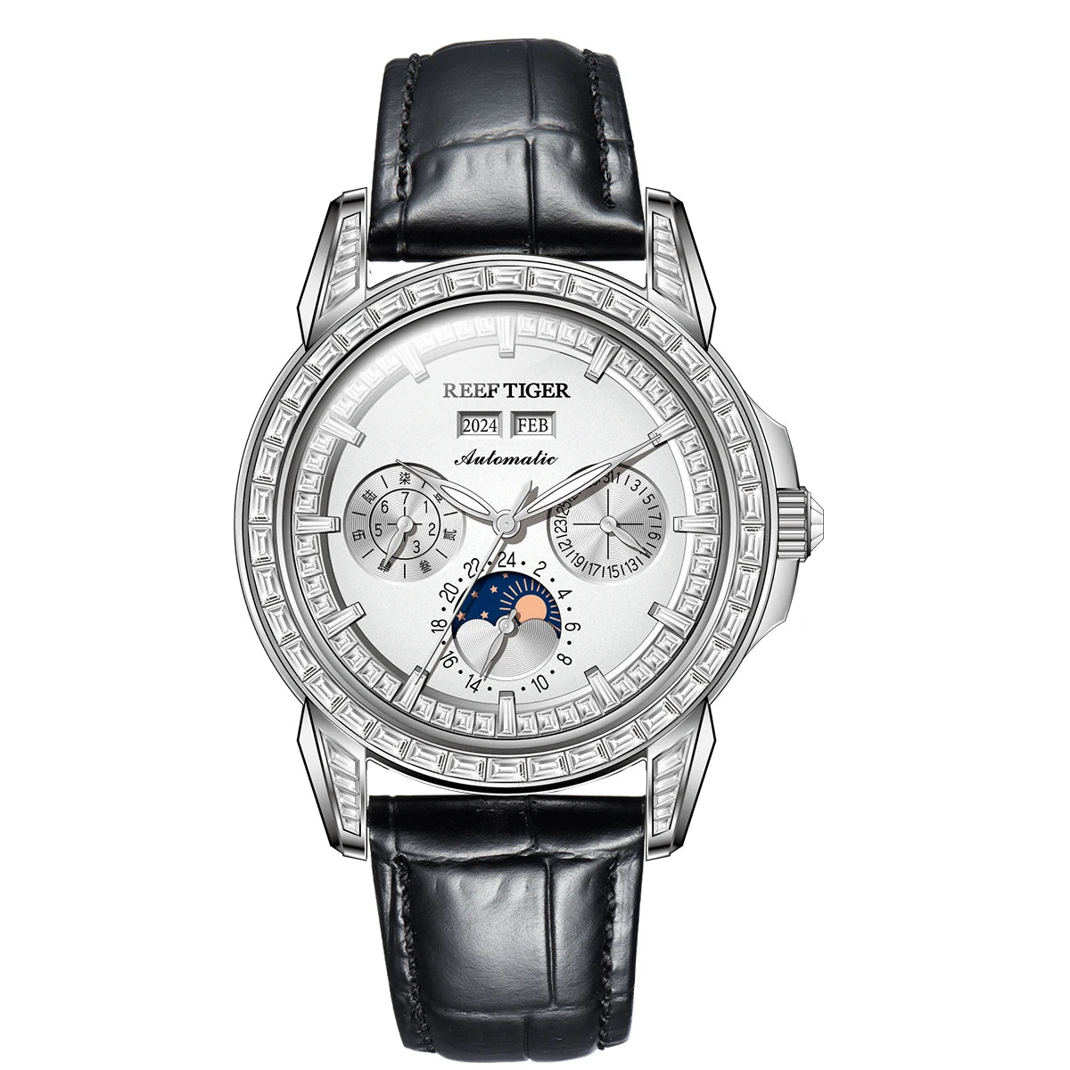Reef Tiger/RT Brand Mens MoonPhase Automatic Watch Diamonds Bezel Blue Dial Waterproof Leather Strap Multifunction Watch RGA1988