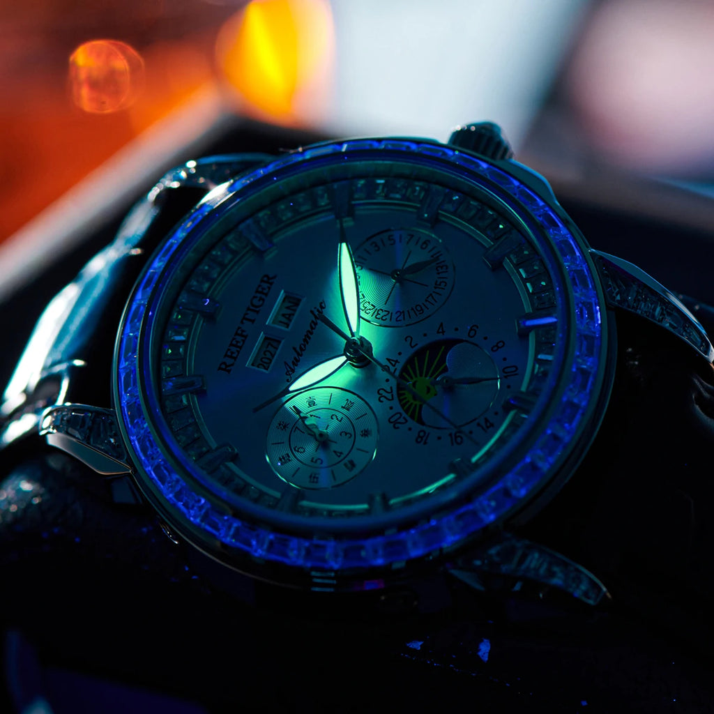 Reef Tiger/RT Brand Mens MoonPhase Automatic Watch Diamonds Bezel Blue Dial Waterproof Leather Strap Multifunction Watch RGA1988