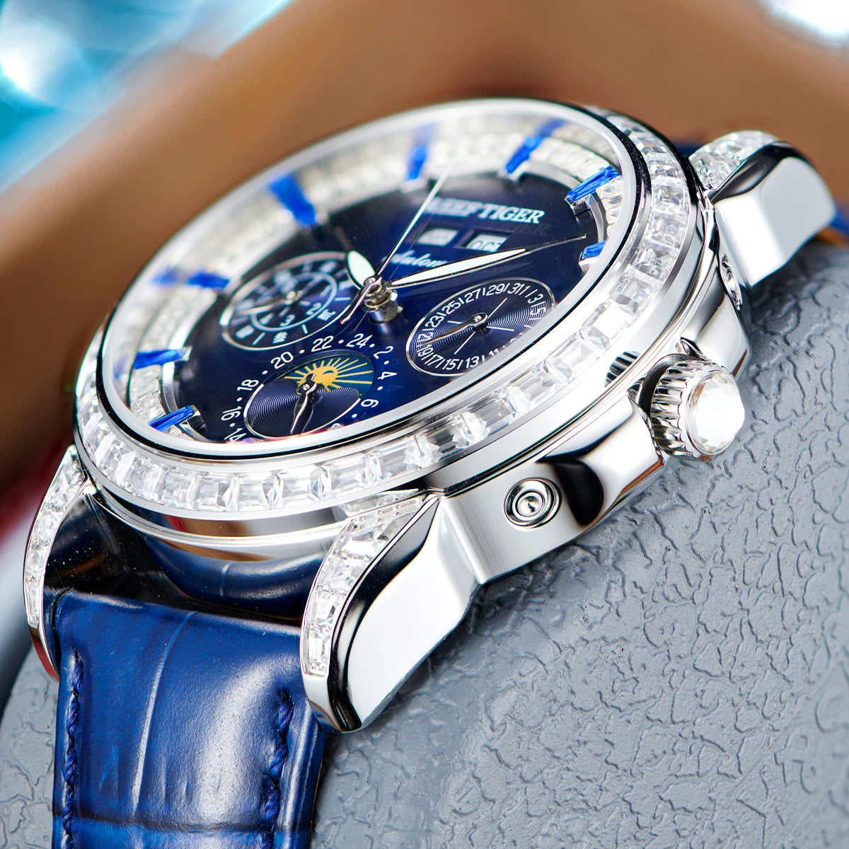 Reef Tiger/RT Brand Mens MoonPhase Automatic Watch Diamonds Bezel Blue Dial Waterproof Leather Strap Multifunction Watch RGA1988