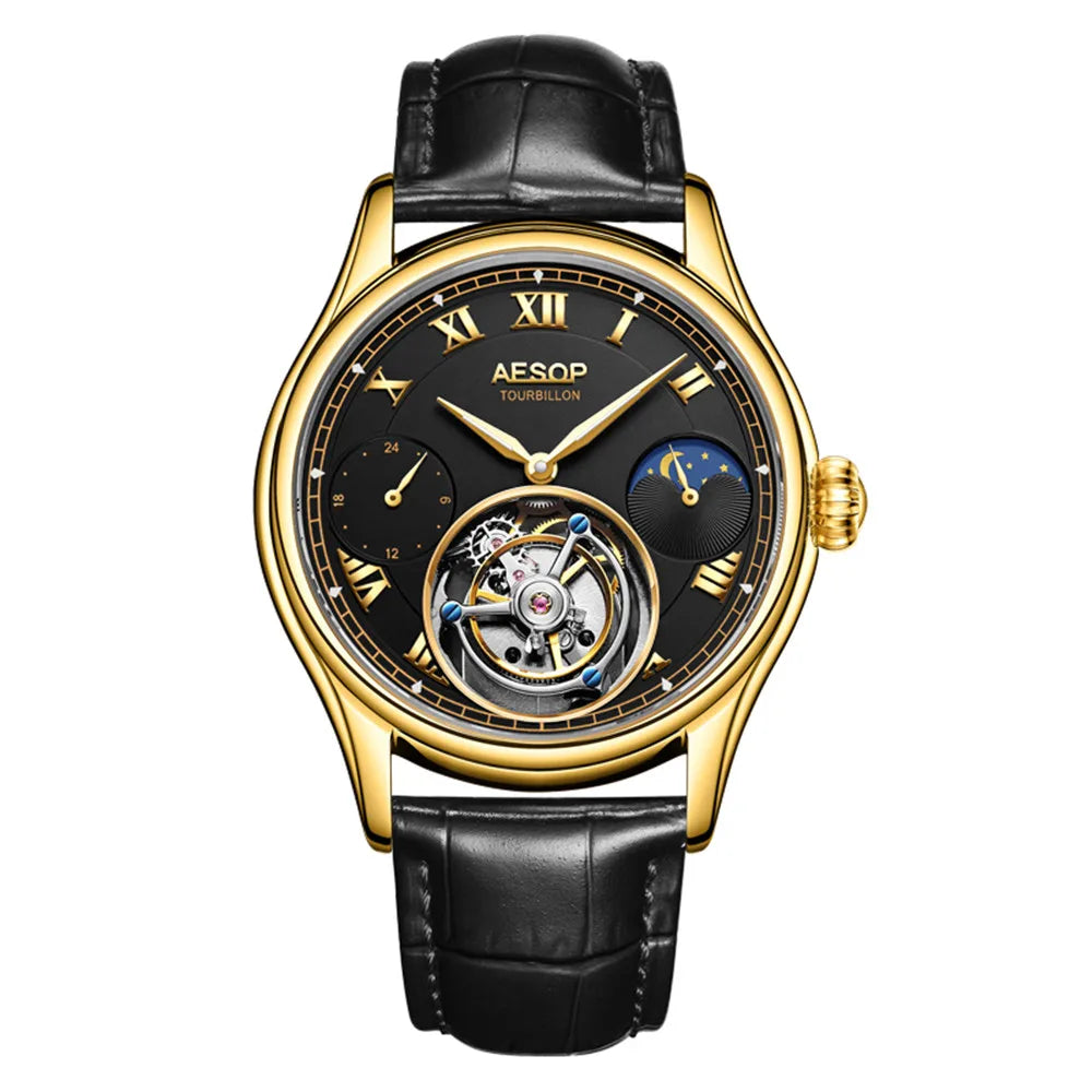 AESOP Men Wristwatch Real Tourbillon Clock Man Top Brand Luxury Mechanical Hand Wind Sapphire Crystal Wrist Watch Moon Phase