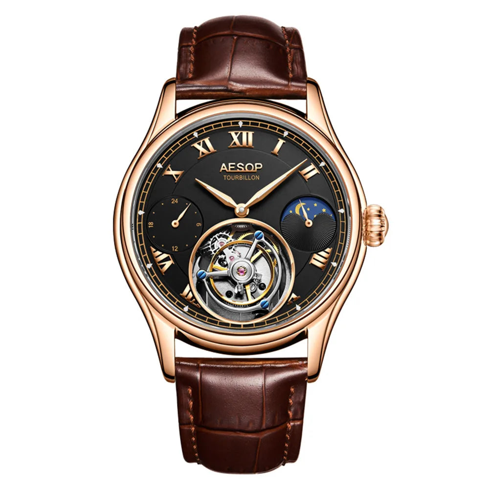 AESOP Men Wristwatch Real Tourbillon Clock Man Top Brand Luxury Mechanical Hand Wind Sapphire Crystal Wrist Watch Moon Phase