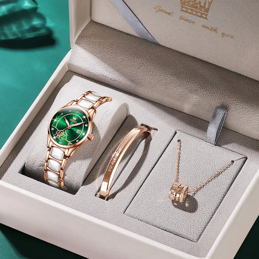 OLEVS Luxury Women Watch Camellia Quartz Japan Movement 30M Waterproof Watch For Women Ceramics Women Wristwatch