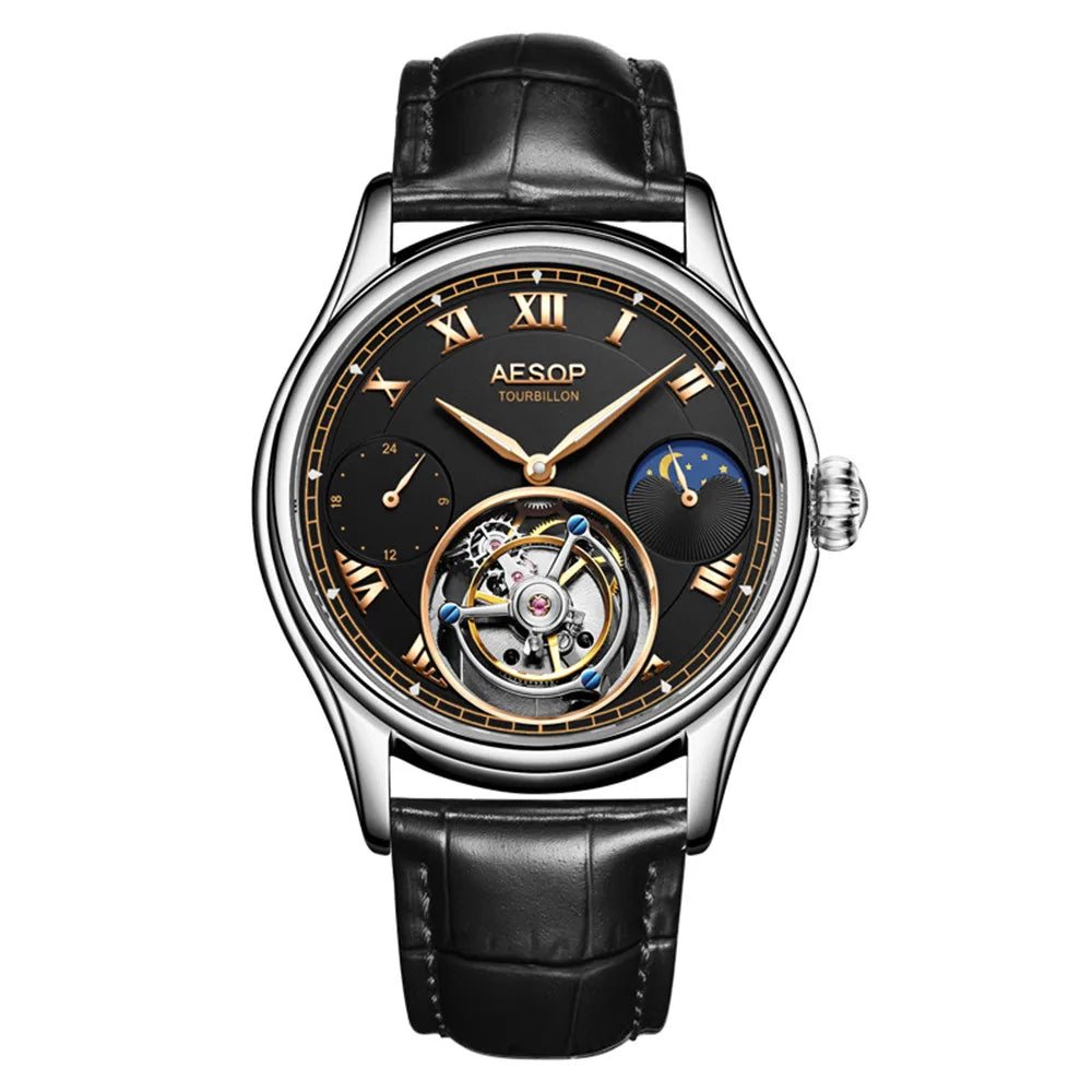 AESOP Men Wristwatch Real Tourbillon Clock Man Top Brand Luxury Mechanical Hand Wind Sapphire Crystal Wrist Watch Moon Phase