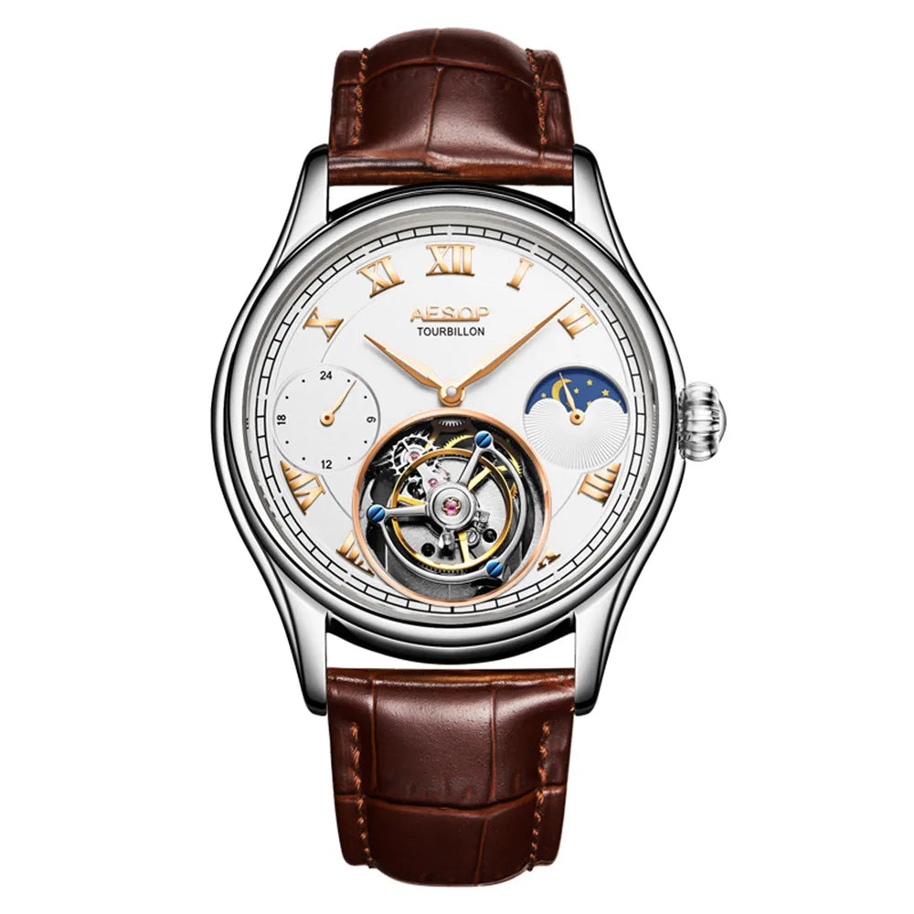 AESOP Men Wristwatch Real Tourbillon Clock Man Top Brand Luxury Mechanical Hand Wind Sapphire Crystal Wrist Watch Moon Phase