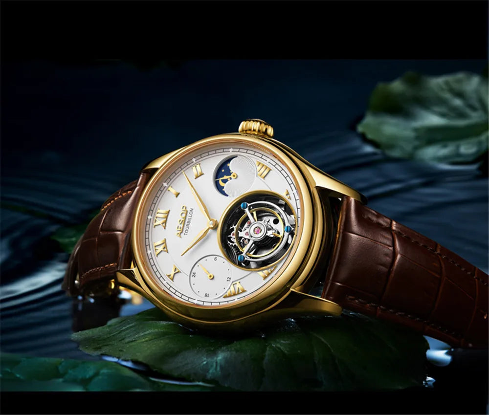 AESOP Men Wristwatch Real Tourbillon Clock Man Top Brand Luxury Mechanical Hand Wind Sapphire Crystal Wrist Watch Moon Phase