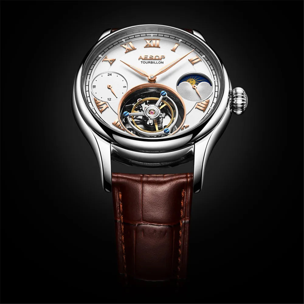 AESOP Men Wristwatch Real Tourbillon Clock Man Top Brand Luxury Mechanical Hand Wind Sapphire Crystal Wrist Watch Moon Phase