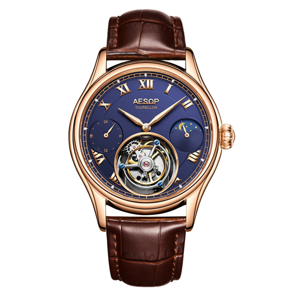 AESOP Men Wristwatch Real Tourbillon Clock Man Top Brand Luxury Mechanical Hand Wind Sapphire Crystal Wrist Watch Moon Phase