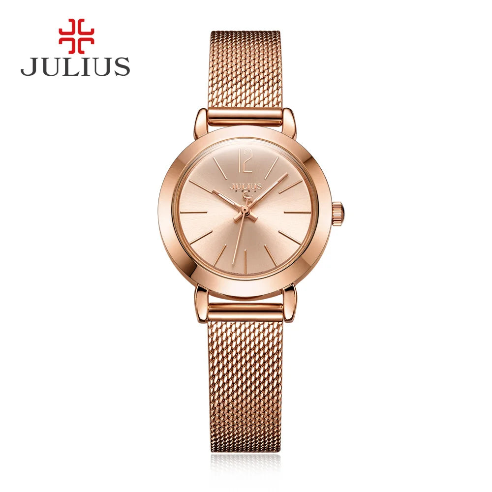 JULIUS JA-732 Female Women's Silver Rose Gold Tone Mesh Stainless Steel Quartz Analog Waterproof Fashion Watch Casual Wristwatch