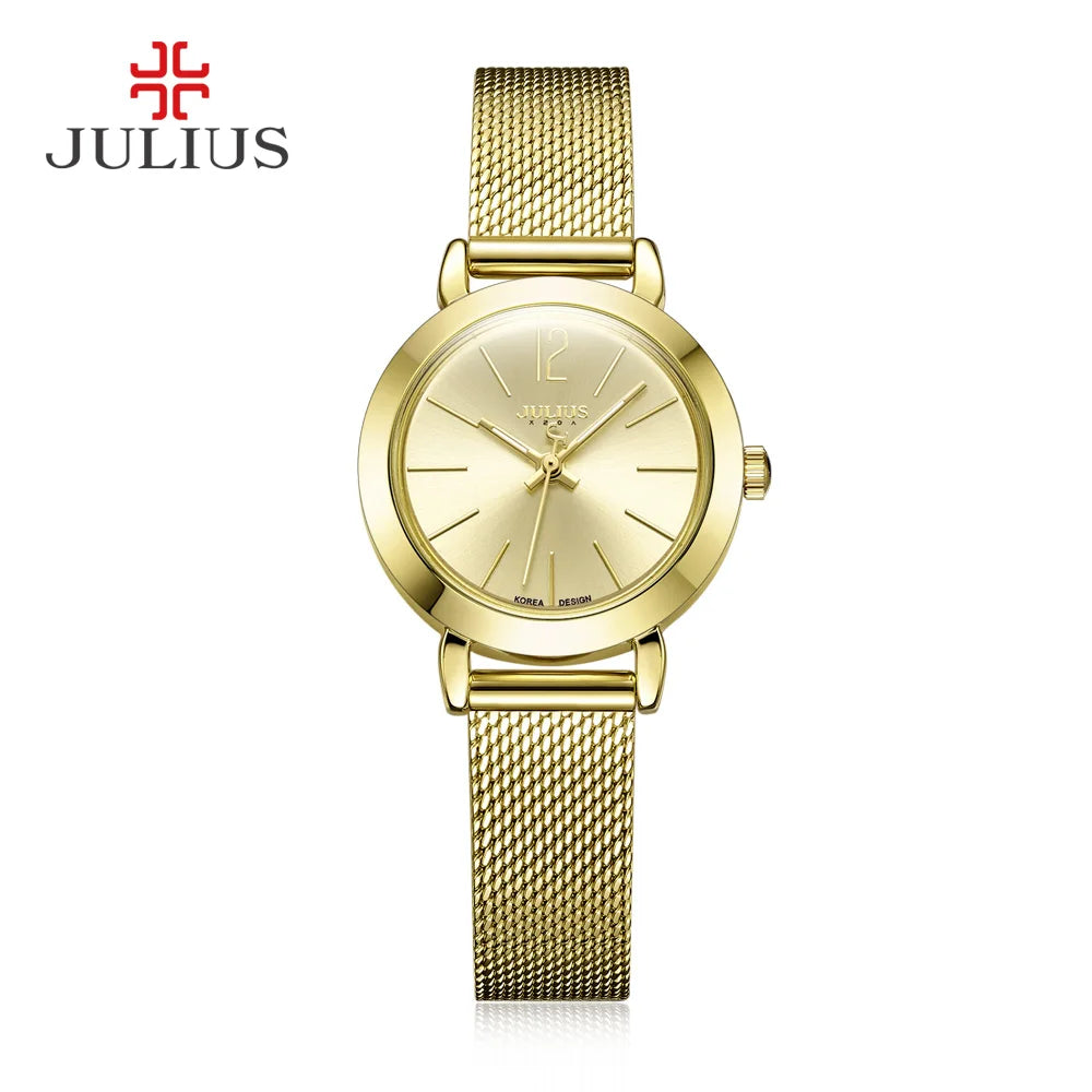 JULIUS JA-732 Female Women's Silver Rose Gold Tone Mesh Stainless Steel Quartz Analog Waterproof Fashion Watch Casual Wristwatch