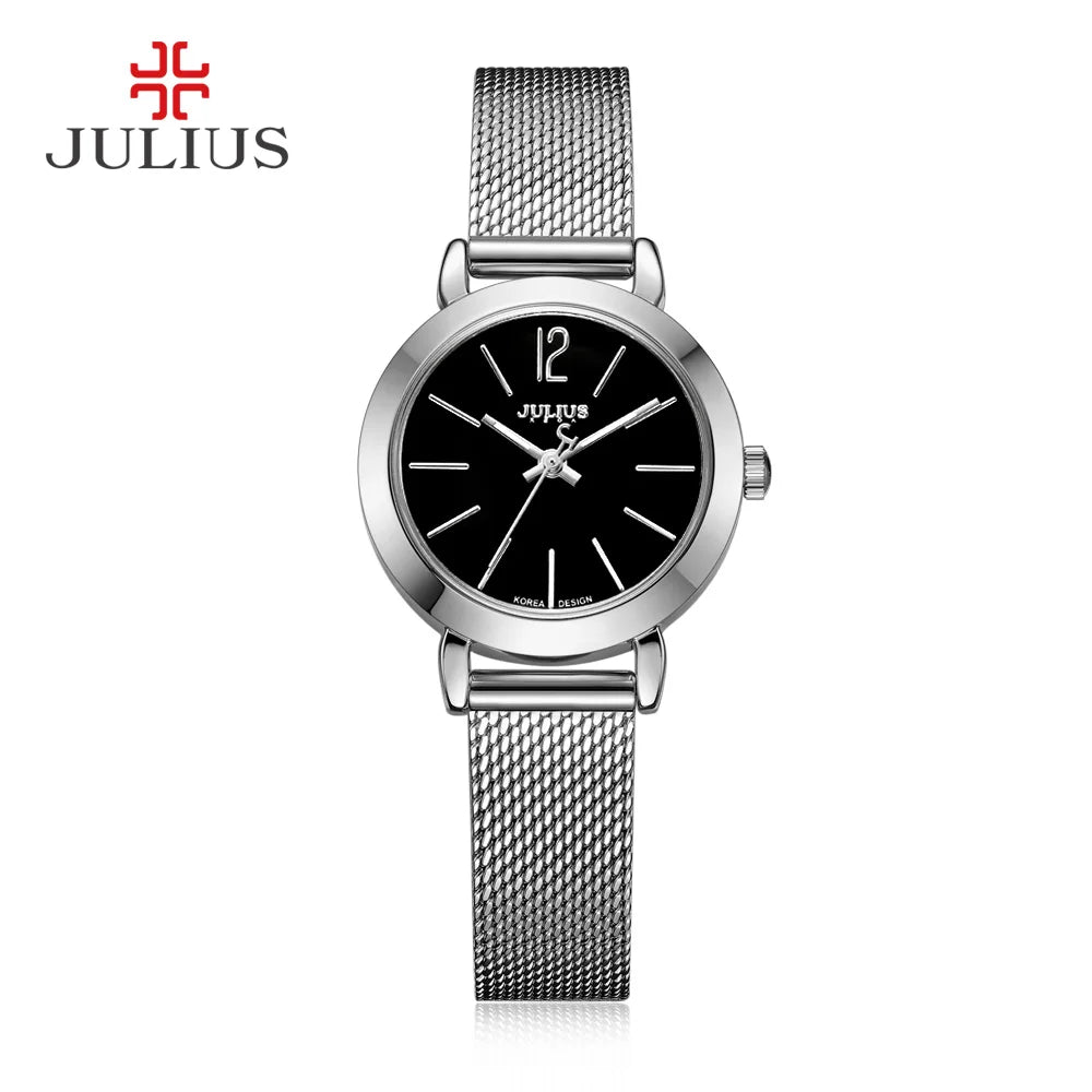JULIUS JA-732 Female Women's Silver Rose Gold Tone Mesh Stainless Steel Quartz Analog Waterproof Fashion Watch Casual Wristwatch