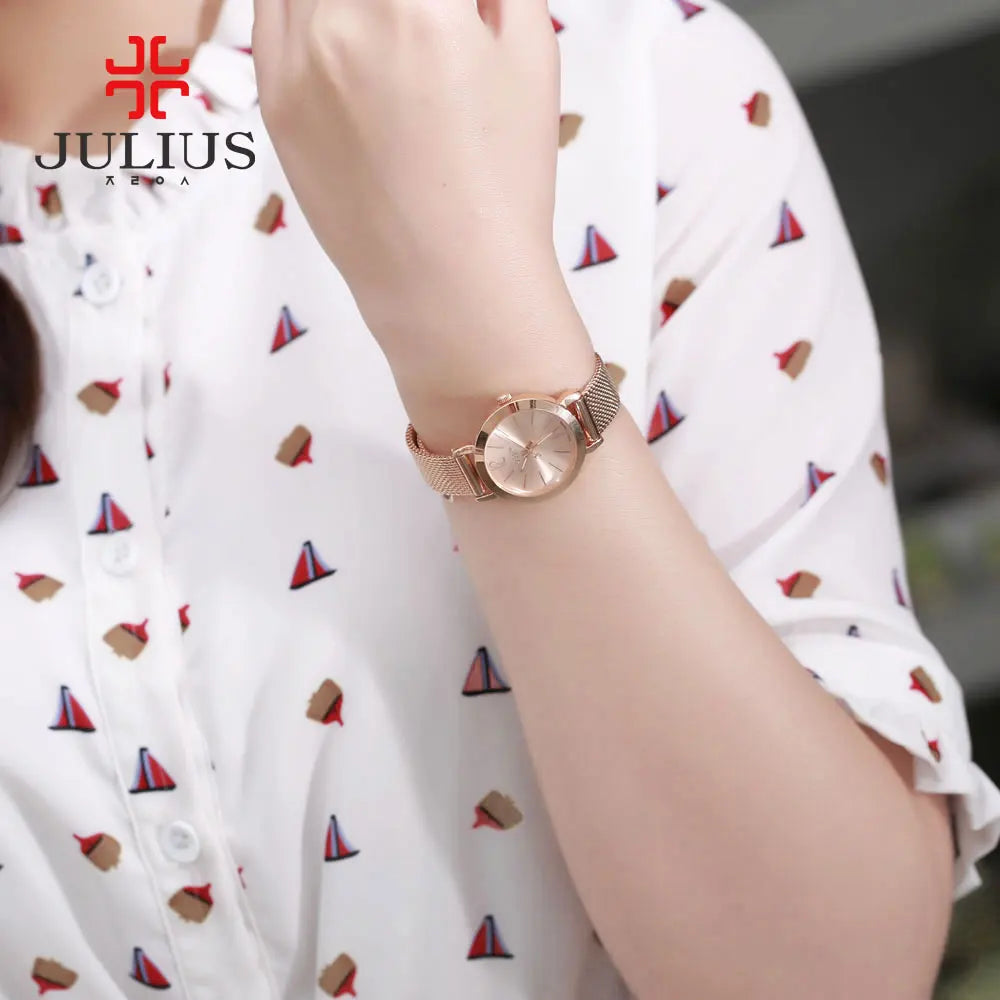 JULIUS JA-732 Female Women's Silver Rose Gold Tone Mesh Stainless Steel Quartz Analog Waterproof Fashion Watch Casual Wristwatch