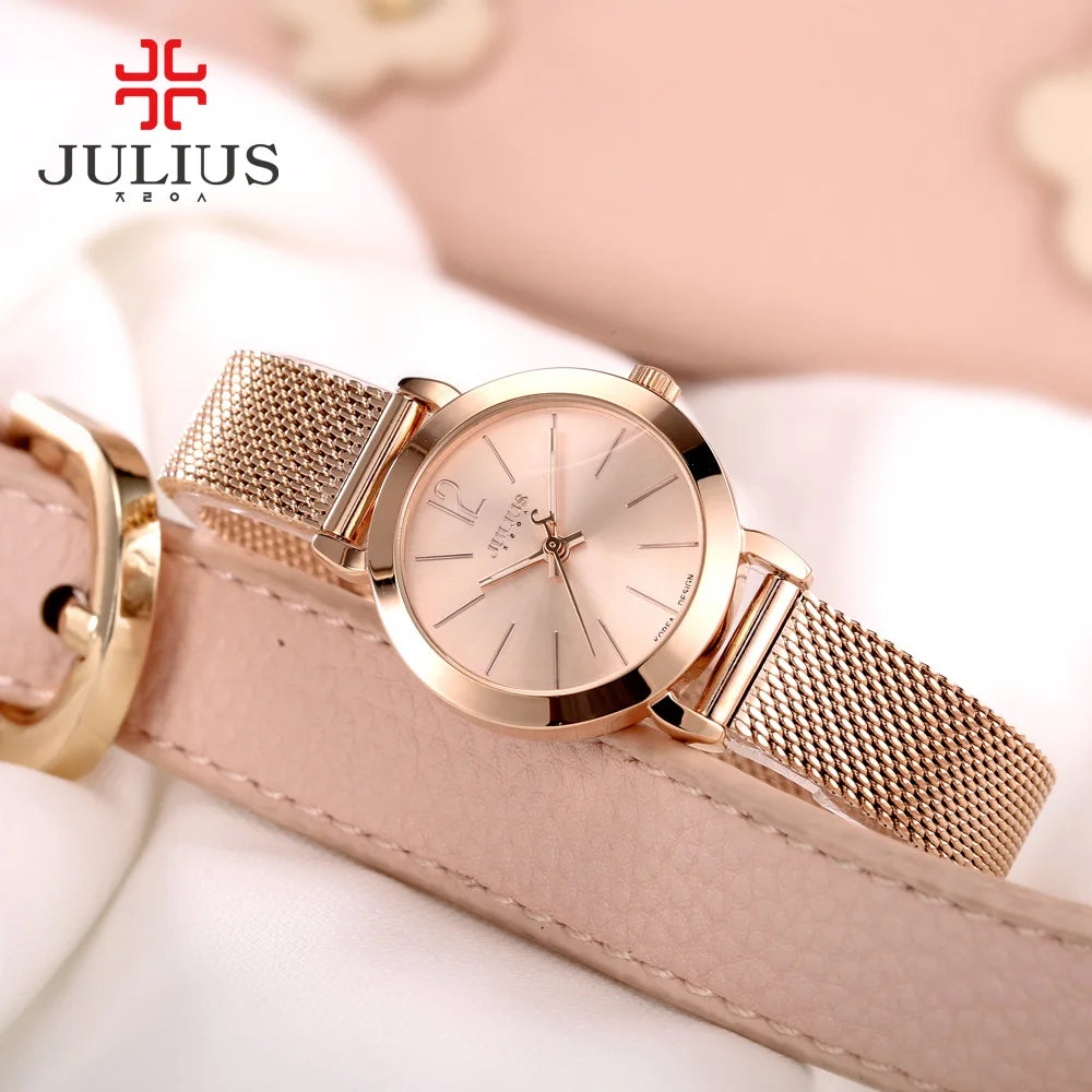 JULIUS JA-732 Female Women's Silver Rose Gold Tone Mesh Stainless Steel Quartz Analog Waterproof Fashion Watch Casual Wristwatch