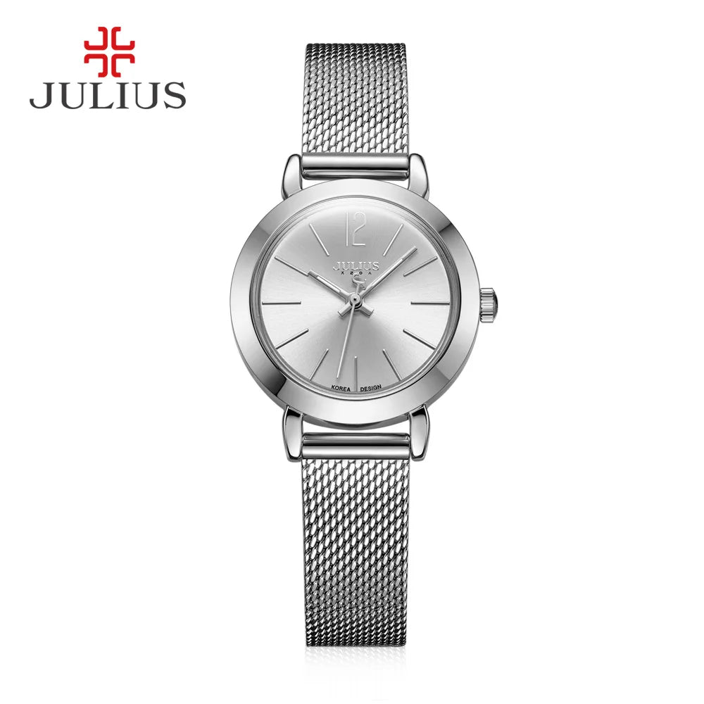JULIUS JA-732 Female Women's Silver Rose Gold Tone Mesh Stainless Steel Quartz Analog Waterproof Fashion Watch Casual Wristwatch