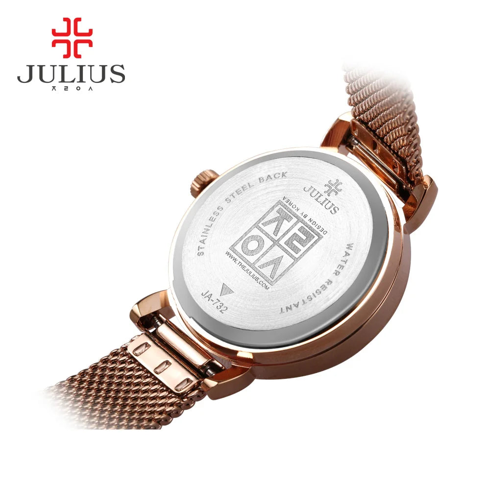 JULIUS JA-732 Female Women's Silver Rose Gold Tone Mesh Stainless Steel Quartz Analog Waterproof Fashion Watch Casual Wristwatch