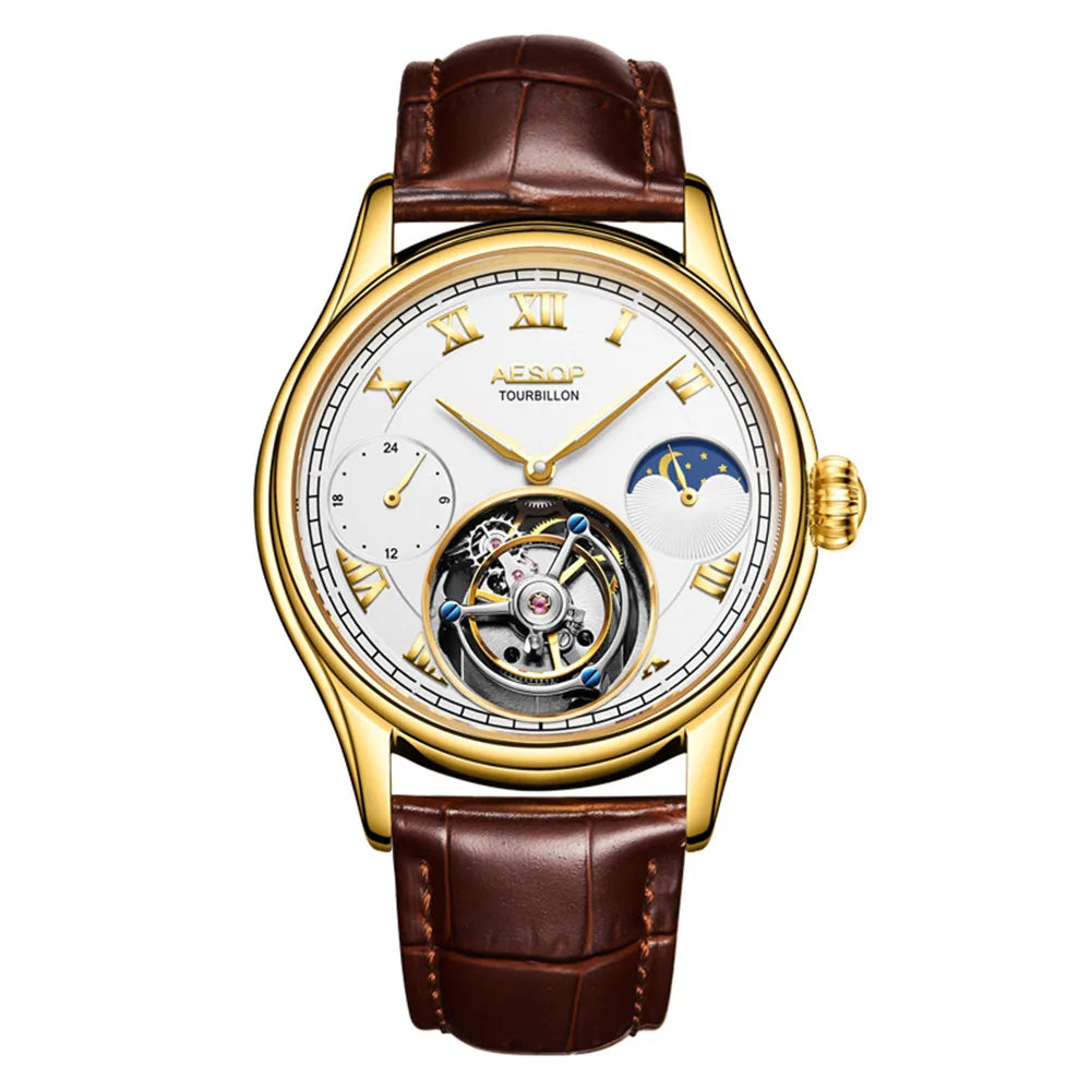 AESOP Men Wristwatch Real Tourbillon Clock Man Top Brand Luxury Mechanical Hand Wind Sapphire Crystal Wrist Watch Moon Phase