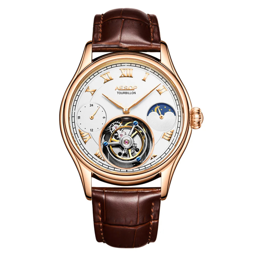 AESOP Men Wristwatch Real Tourbillon Clock Man Top Brand Luxury Mechanical Hand Wind Sapphire Crystal Wrist Watch Moon Phase
