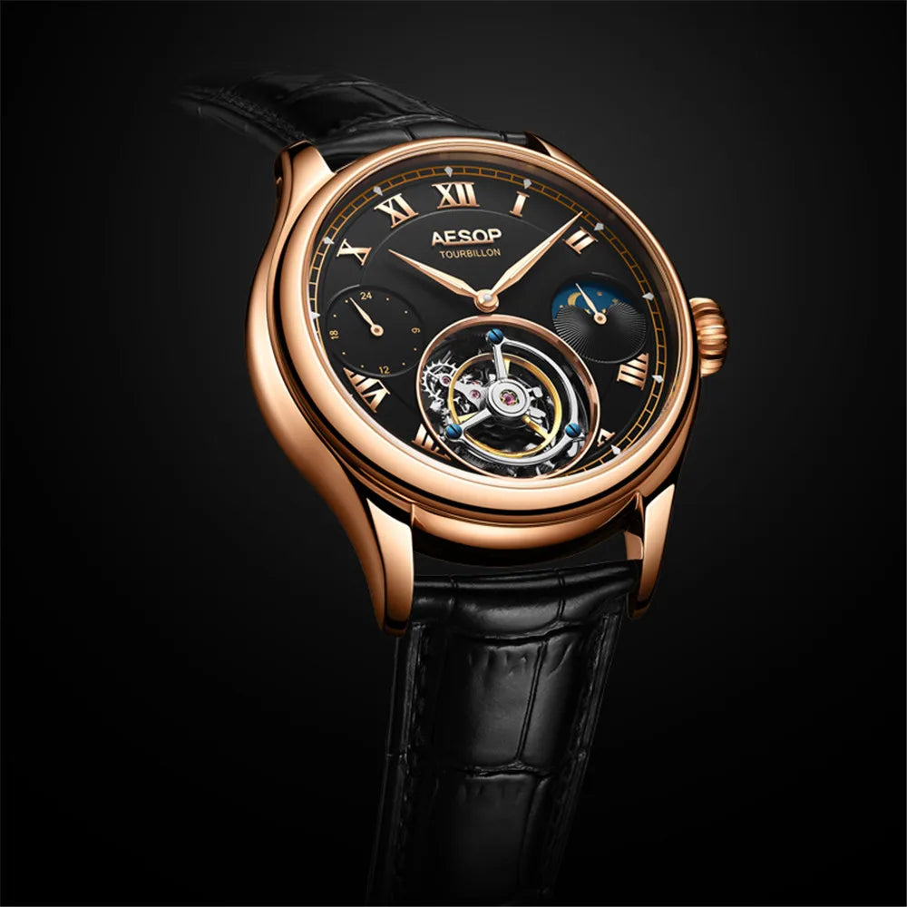 AESOP Men Wristwatch Real Tourbillon Clock Man Top Brand Luxury Mechanical Hand Wind Sapphire Crystal Wrist Watch Moon Phase
