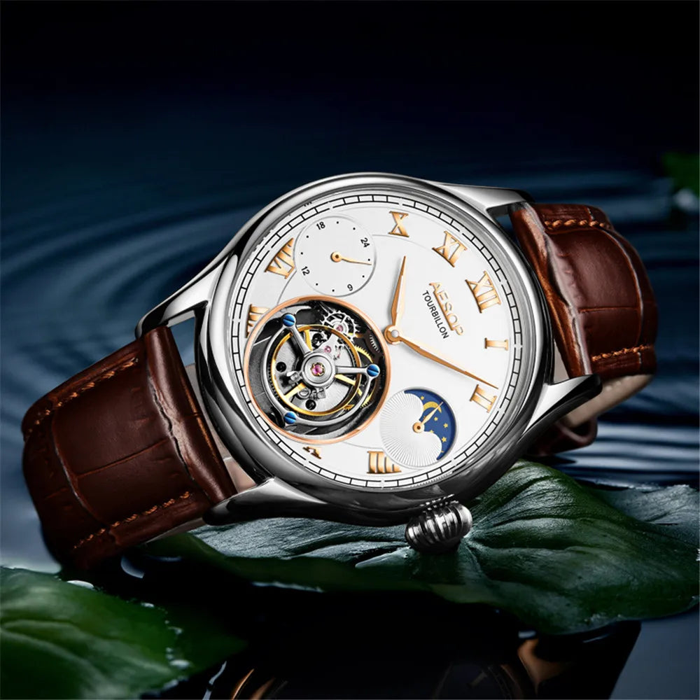 AESOP Men Wristwatch Real Tourbillon Clock Man Top Brand Luxury Mechanical Hand Wind Sapphire Crystal Wrist Watch Moon Phase