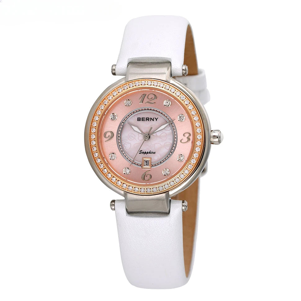 BERNY Watch for Women Calendar Sapphire Elegant Quartz Women's Wristwatch Luxury Diamond inlaid Clock S/S Leather Ladies Watches