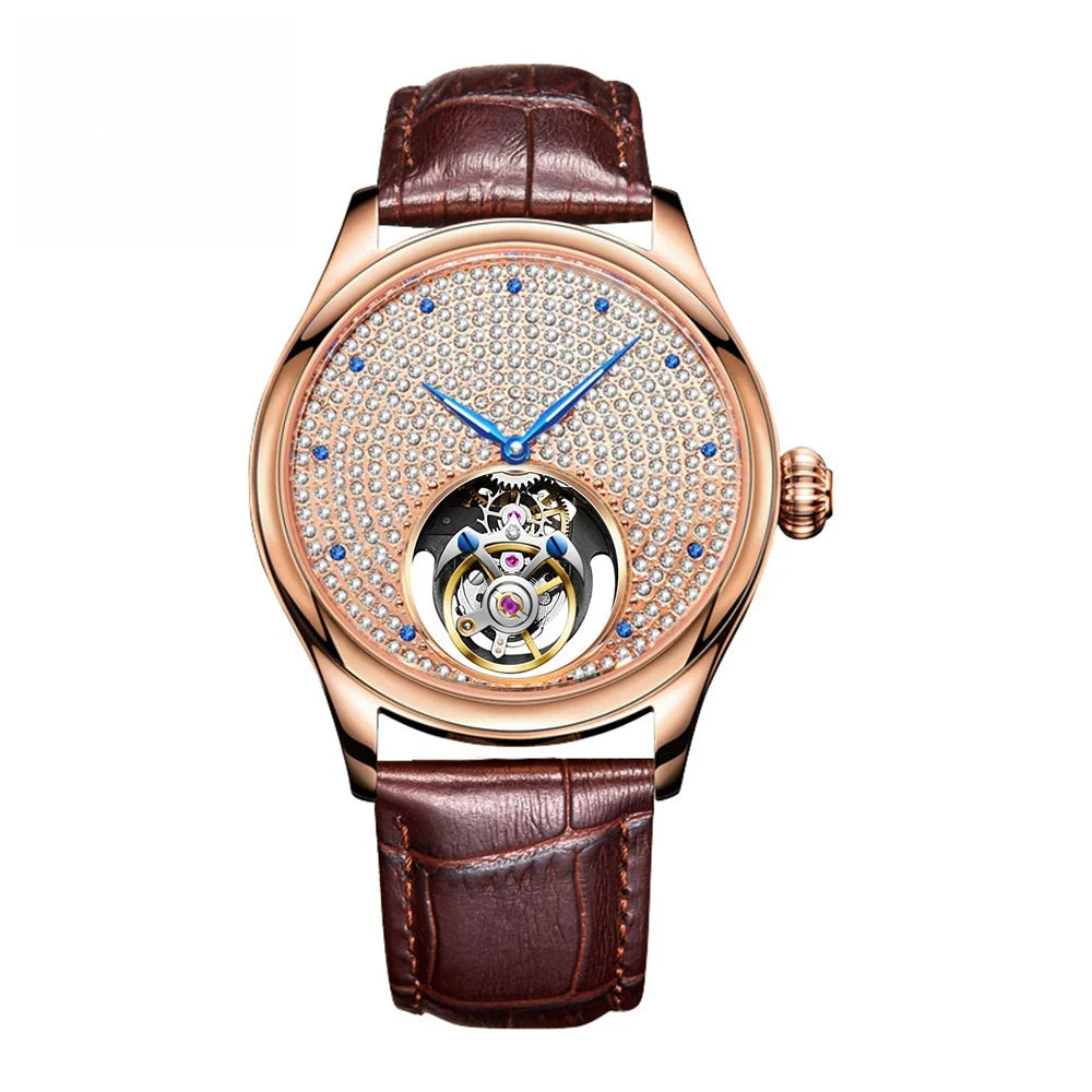 AESOP luxury starry sky men's tourbillon mechanical watch, manual movement hollow full diamond steel watch, 3Bar leather strap A