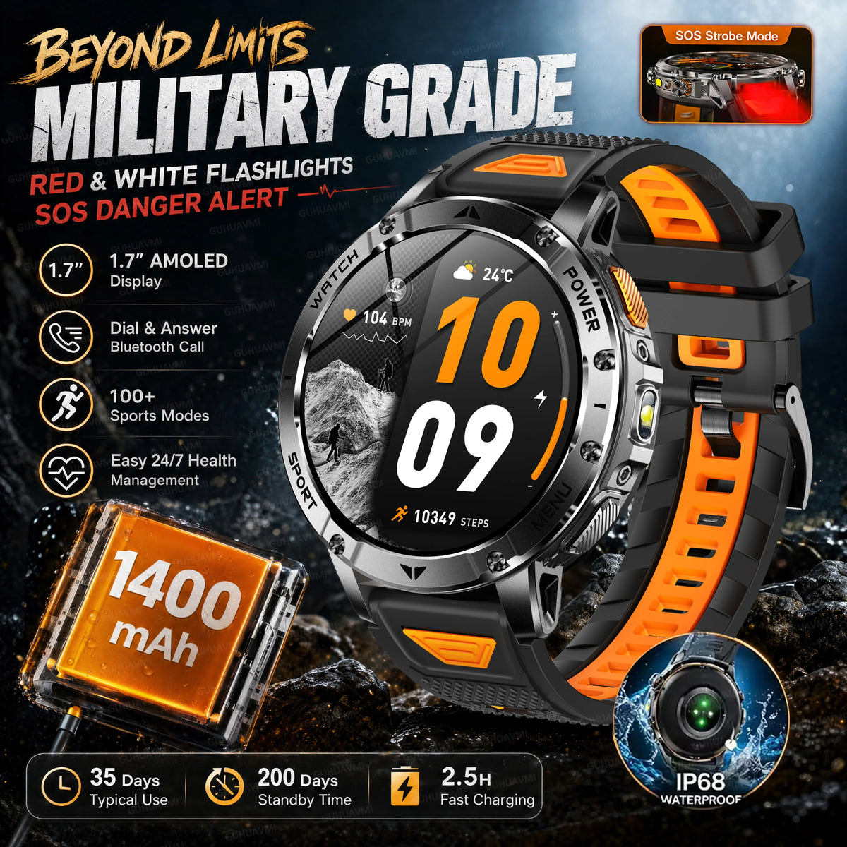 2026 Military Grade Smartwatch Men 1400mAh Ultra Long Battery 24/7 Health Monitor 10ATM Waterproof Outdoor Sport Smart Watches
