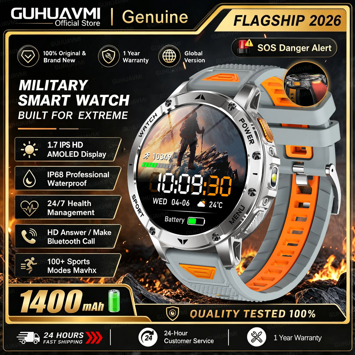 Men Rugged Steel Sport Smart Watch 1400mAh Battery 1.7" HD Bluetooth Call 10ATM Waterproof Heart Rate Fitness Trackr Smartwatch
