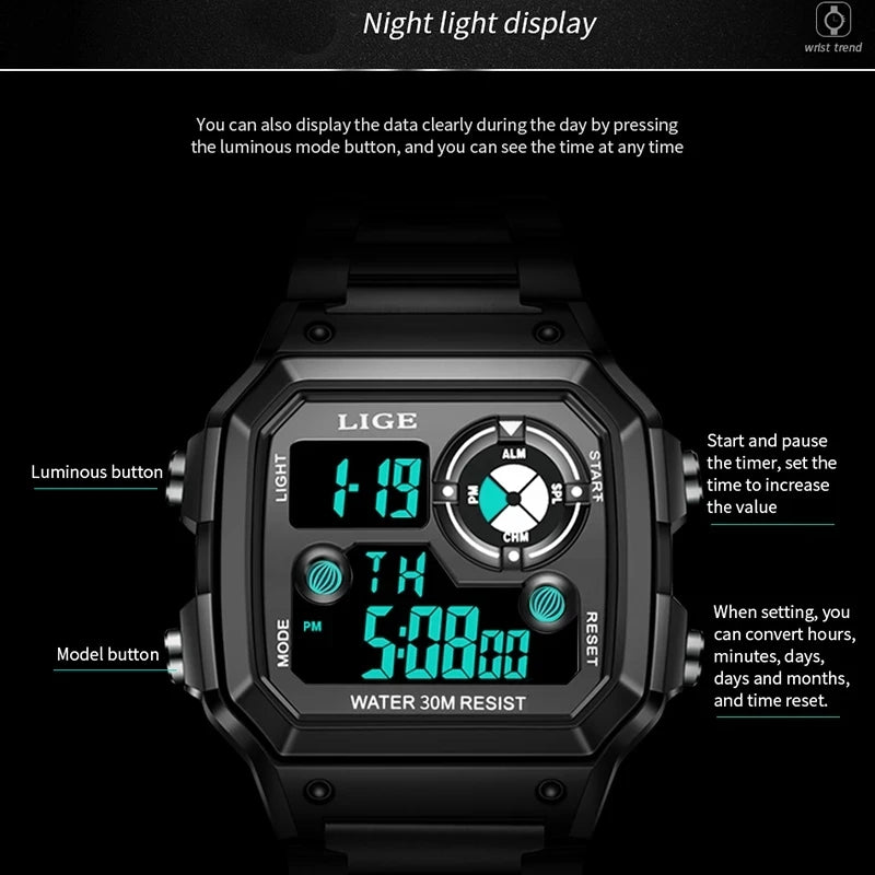 LIGE Eletronic Man Watch Fashion Casual Sport Waterproof Alarm Chronograph Stainless Steel Dual Digital Display Watches for Men
