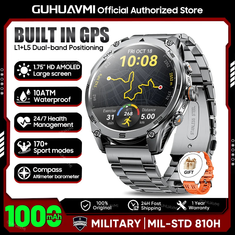 2026 Hot Sales Outdoor Durable GPS Sports Smart Watch Built-in GPS 1000mAh Battery 10ATM Waterproof 1.75" AOD Men Military Watch