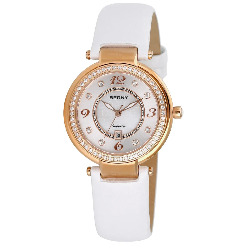 BERNY Watch for Women Calendar Sapphire Elegant Quartz Women's Wristwatch Luxury Diamond inlaid Clock S/S Leather Ladies Watches