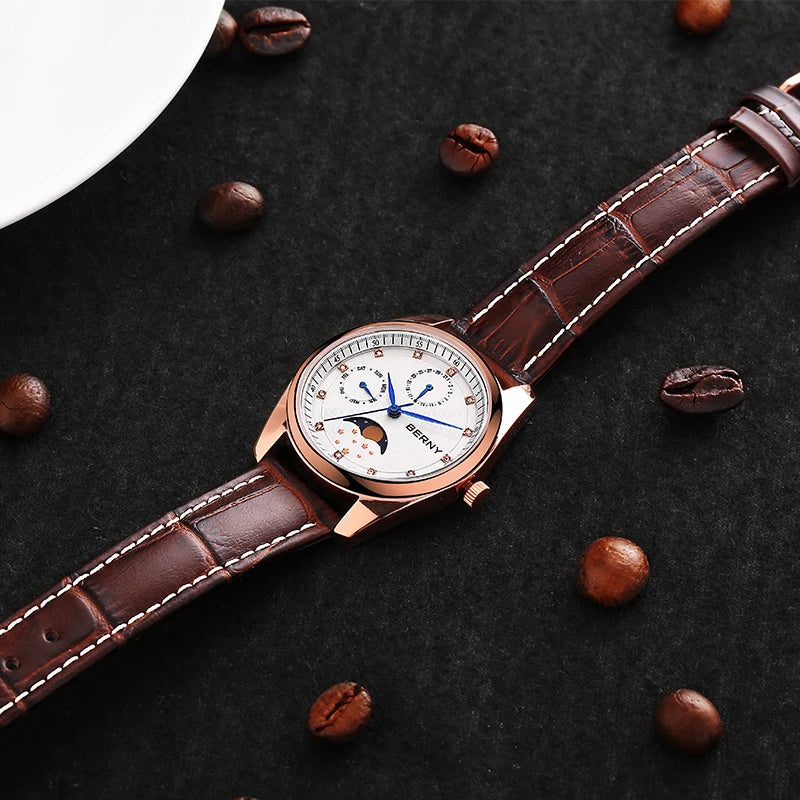 BERNY Couple Quartz Watch Moon Phase Day Top Calendar Men Wristwatch Leather Men/Women Dress Watch MIYOTA 6P20 Gift Watches