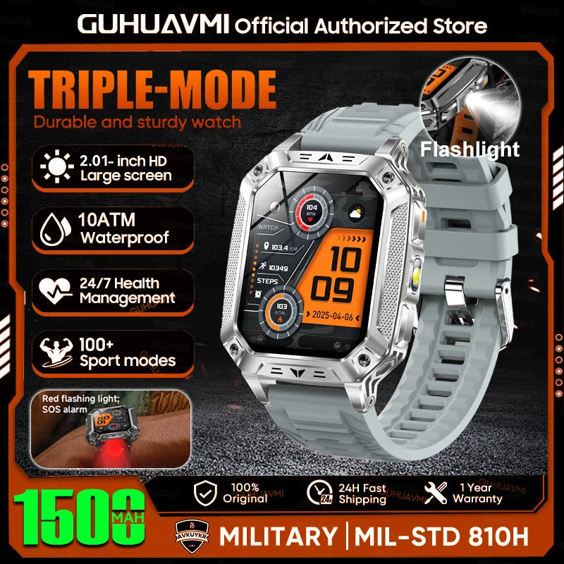 1500mAh Military Grade Smart Watch 100 Days Battery Life 10ATM Waterproof Bluetooth Call SOS Alert LED Flashlight Sports Watches