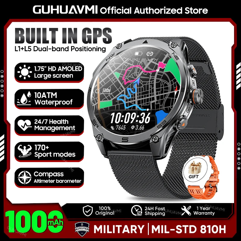 2026 Hot Sales Outdoor Durable GPS Sports Smart Watch Built-in GPS 1000mAh Battery 10ATM Waterproof 1.75" AOD Men Military Watch