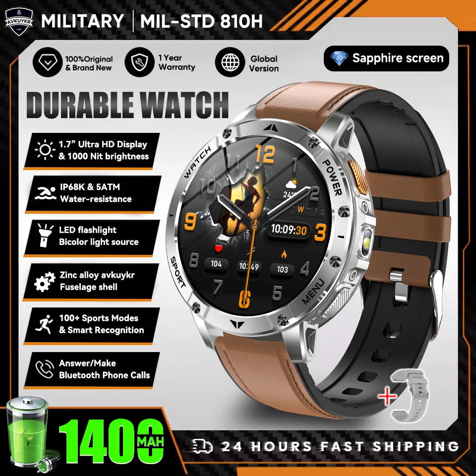 New Outdoor Sports Fitness 1.7 Inch Smart Watch 1400mAh Battery Waterproof SOS Dual-Color Flashlight BT Call Smart watch For Men