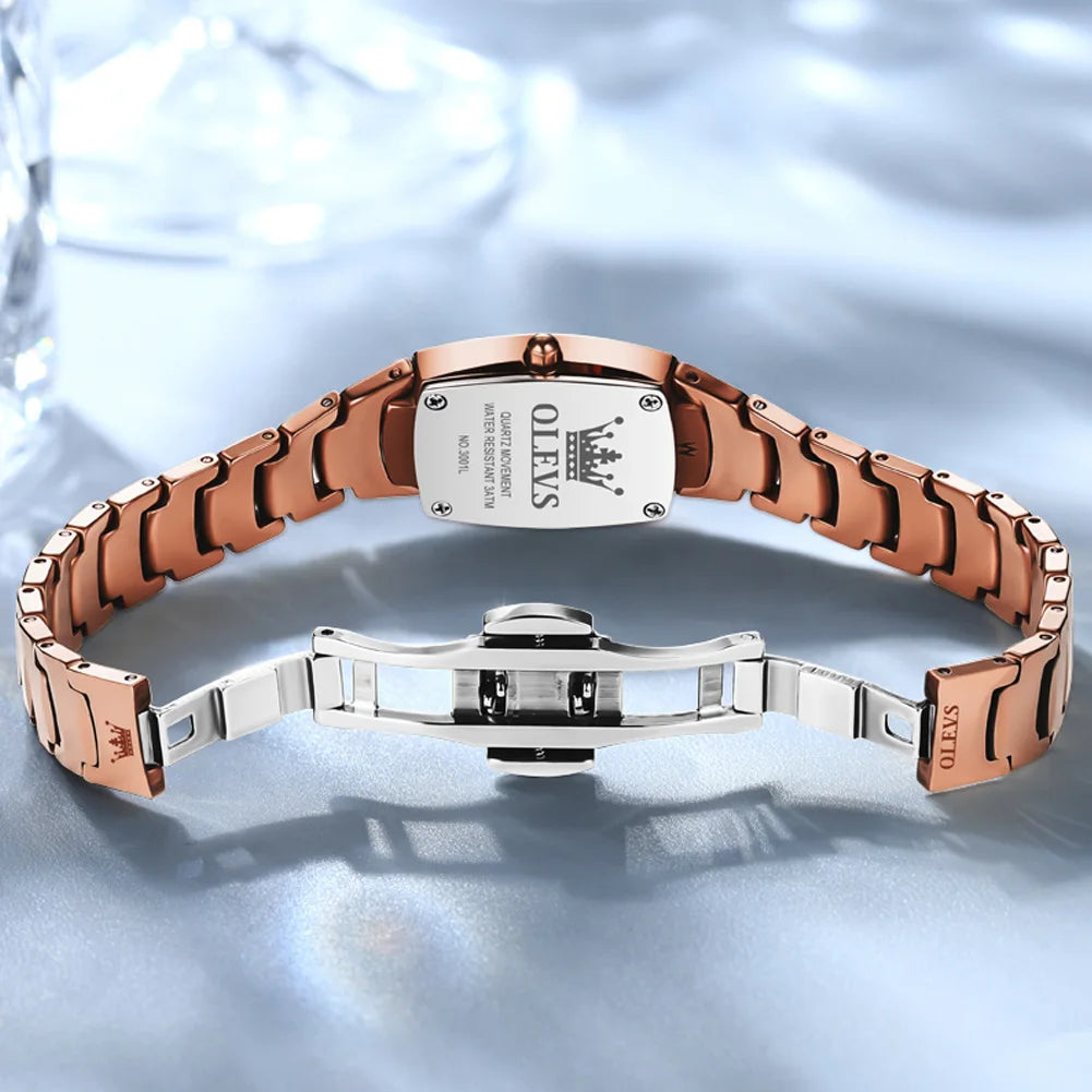 Luxury Mini Tonneau Ladies Watch OLEVS Brand Rose Gold Tungsten Steel Band Rhinestone Crystal Gradient Dial Small Wrist Watch