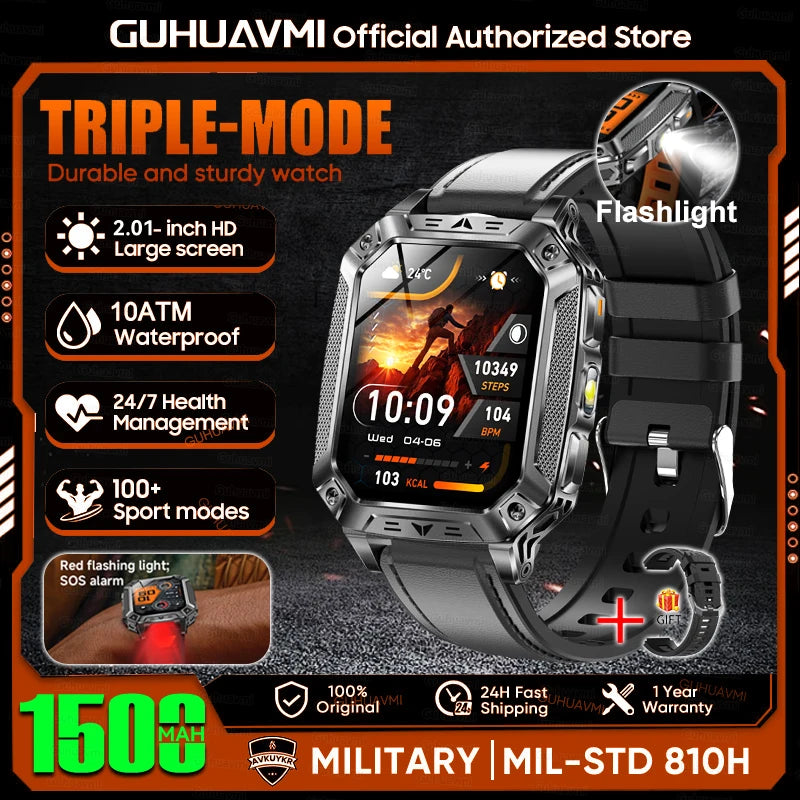 1500mAh Military Grade Smart Watch 100 Days Battery Life 10ATM Waterproof Bluetooth Call SOS Alert LED Flashlight Sports Watches