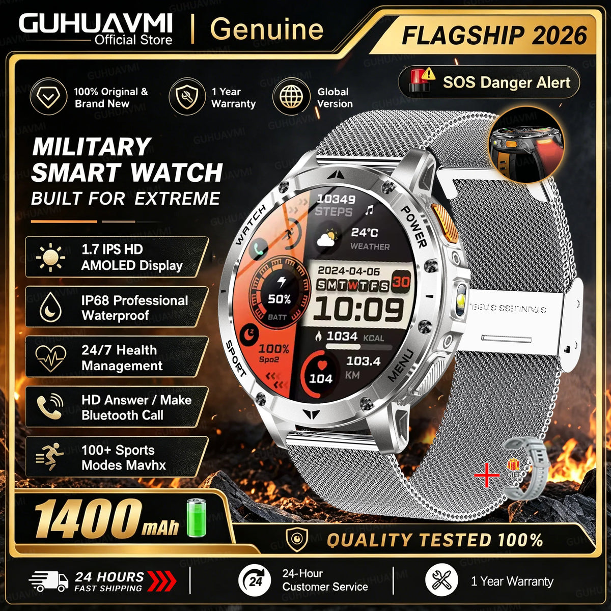 Men Rugged Steel Sport Smart Watch 1400mAh Battery 1.7" HD Bluetooth Call 10ATM Waterproof Heart Rate Fitness Trackr Smartwatch