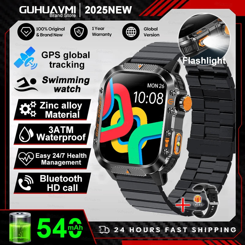 2026 New Military Grade Outdoor GPS Smart Watches Men Compass Heart Rate BT Call LED Flashlight 10ATM Waterproof Swim Smartwatch