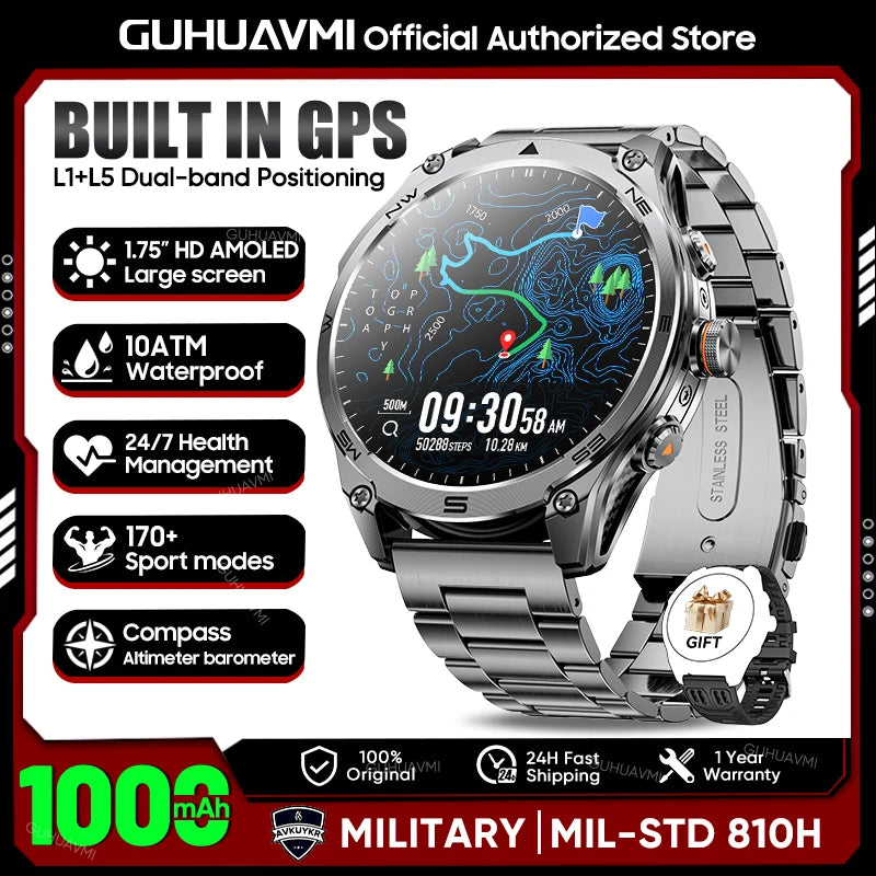 2026 Hot Sales Outdoor Durable GPS Sports Smart Watch Built-in GPS 1000mAh Battery 10ATM Waterproof 1.75" AOD Men Military Watch