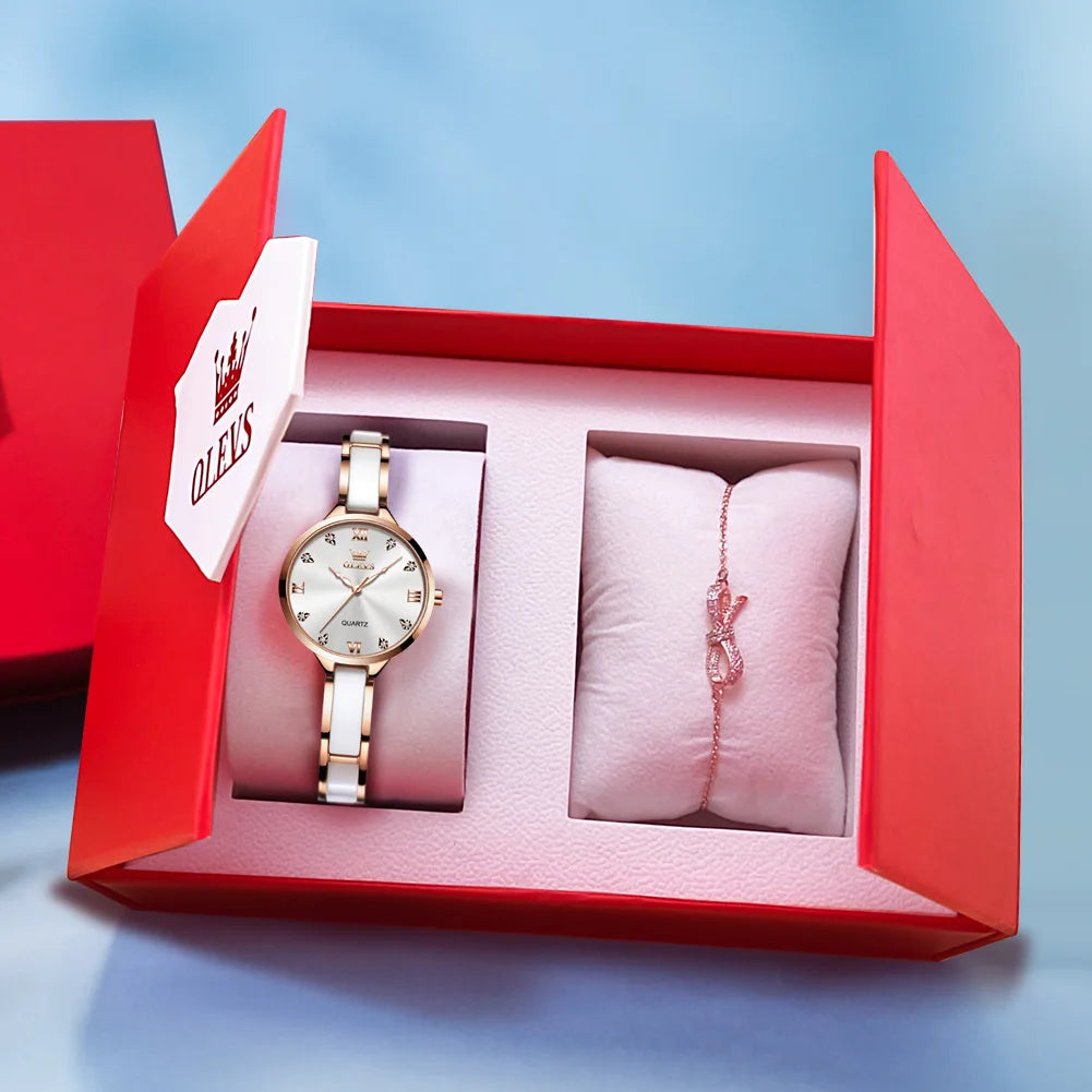 OLEVS 5872 Women Watch Elegant Luxury Original Quartz Watch  Waterproof Luminous Ceramic Strap Watches For Women Bracelet Set