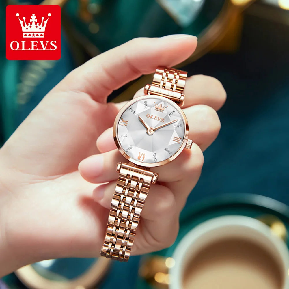 OLEVS Women's Watches Luxury Fashion Fine Steel Rose Gold Strap Rhombus Mirror Original Quartz Wristwatch Waterproof Trend Dress