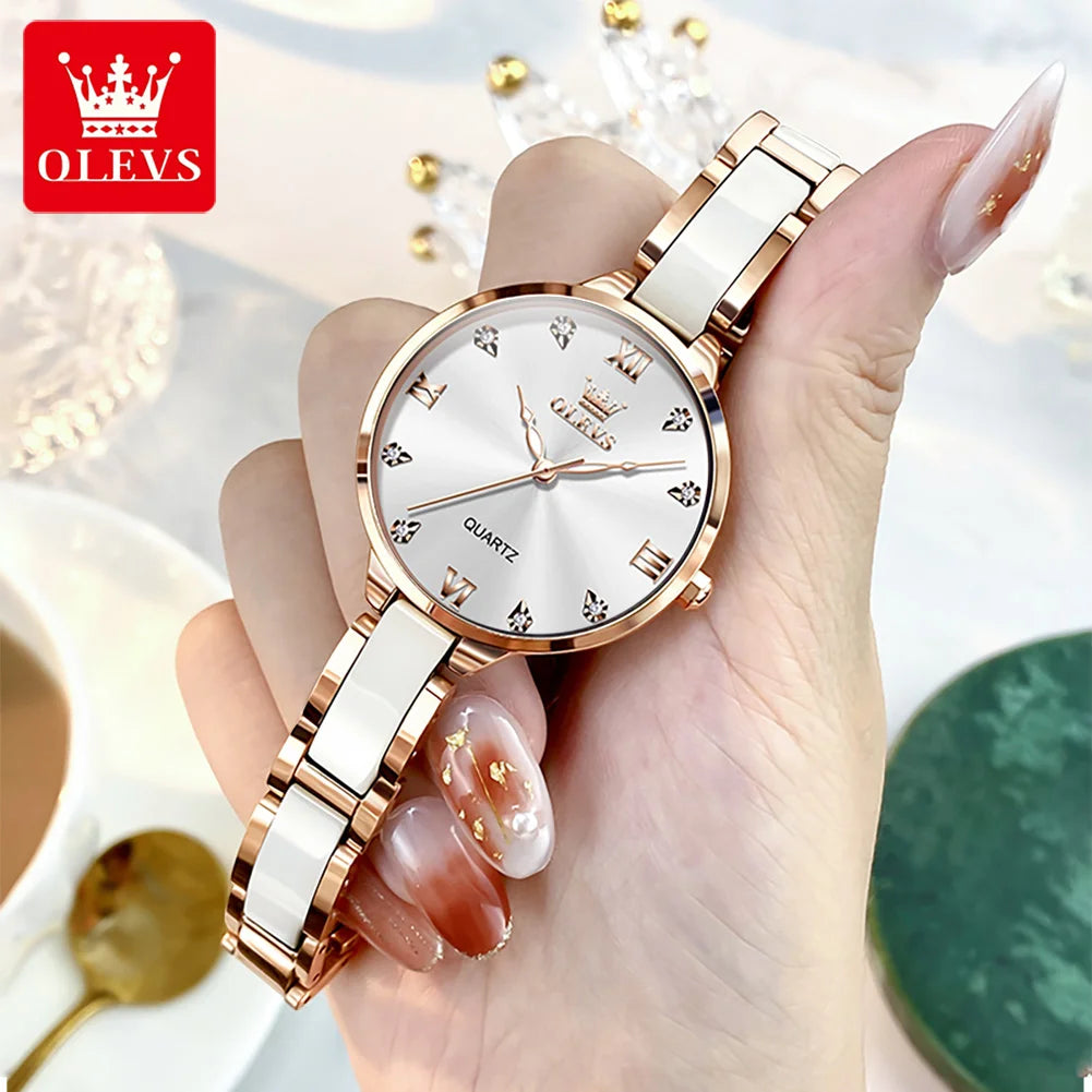 OLEVS 5872 Women Watch Elegant Luxury Original Quartz Watch  Waterproof Luminous Ceramic Strap Watches For Women Bracelet Set