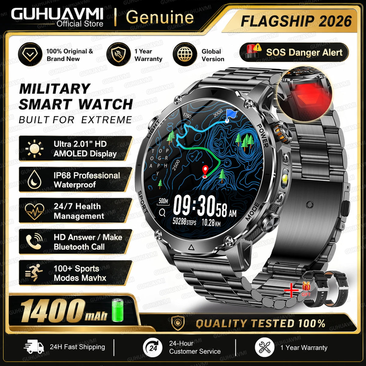 New 1400mAh Ultra Big Battery Smart Watch GPS path Waterproof Swim Sport Run tracker Outdoors Flashlight Military Smartwatch Men