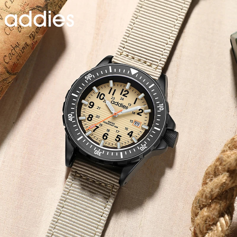 ADDIES 2026 New Men's Sports Quartz Watch Nylon Strap Swimming Waterproof Watch Tubular Luminous Outdoor Fashion Quartz Watch