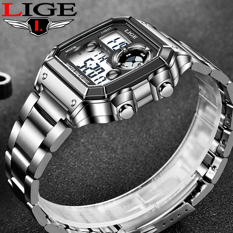 LIGE Eletronic Man Watch Fashion Casual Sport Waterproof Alarm Chronograph Stainless Steel Dual Digital Display Watches for Men