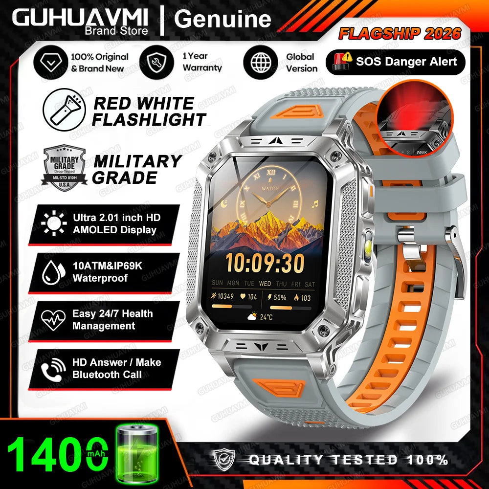 2026 New Built-in 1400mAh Super Large Battery Men Smart Watch Outdoor GPS 2.01"AMOLED Screen 10ATM Waterproof BT Call Smartwatch