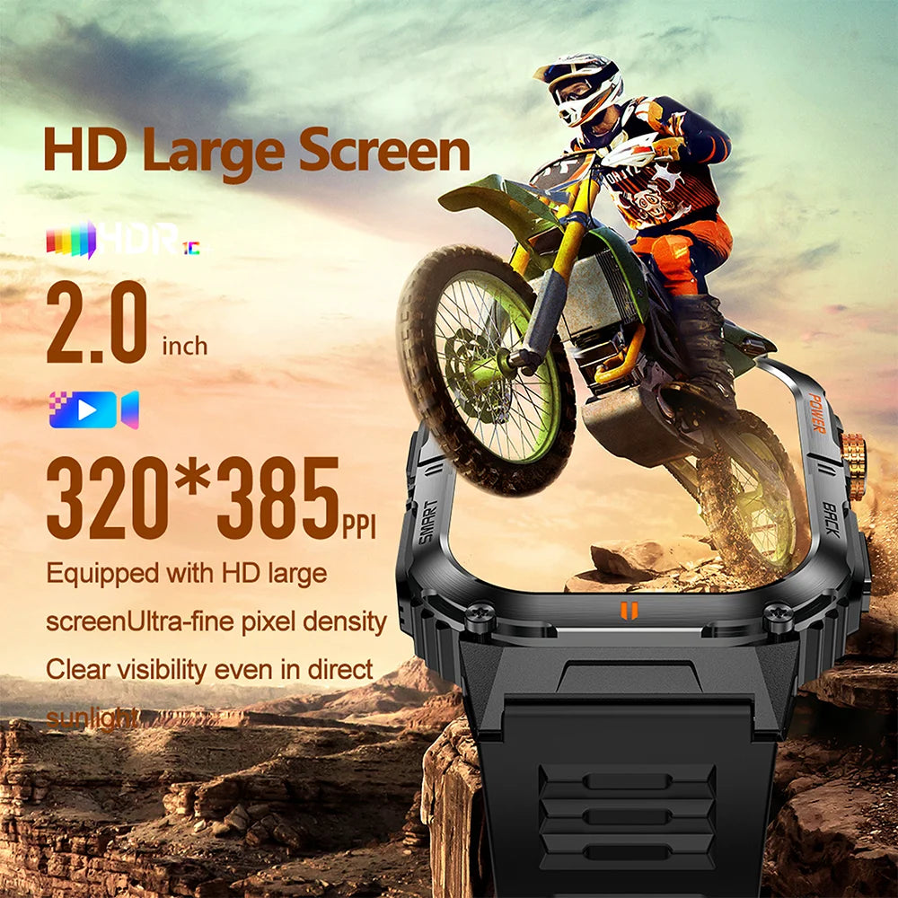 2026 1000mAh military outdoor smartwatch 2.01 inches LED flashlight IP68 waterproof Heart rate sleep Bluetooth call sport watch