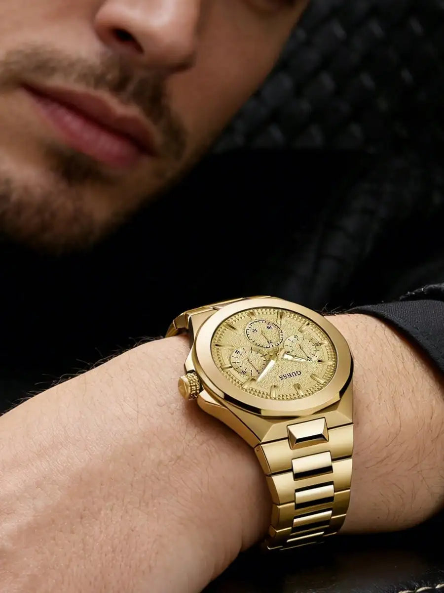 GUESS Original Luxury Gold Tone Round Watches for Men Stainless Steel Elegant Multifunction Quartz Chronograph Classic Business
